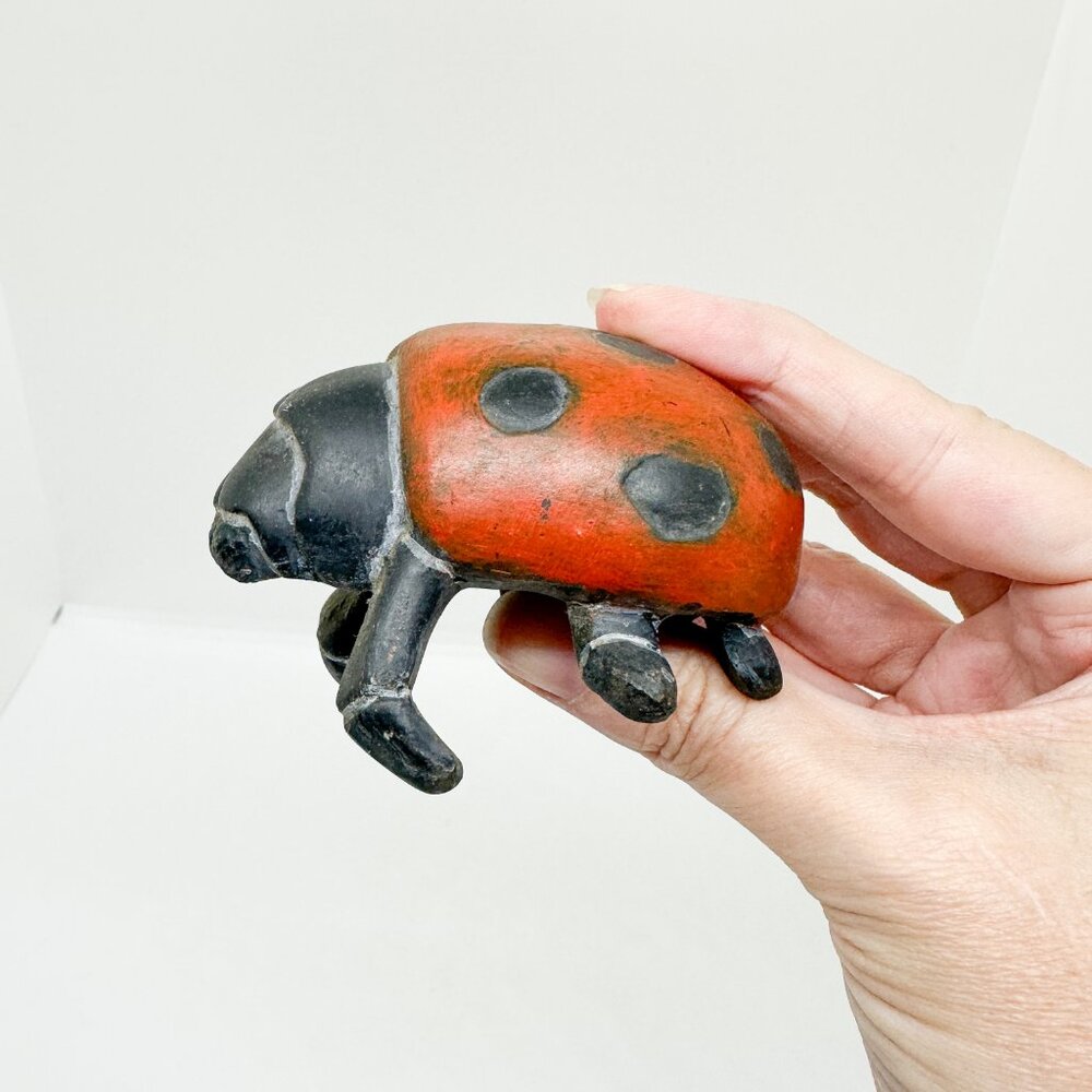 Hen-Feathers Handmade Carved Ladybug Beetle Painted Insect Oddity Grandma Fairy
